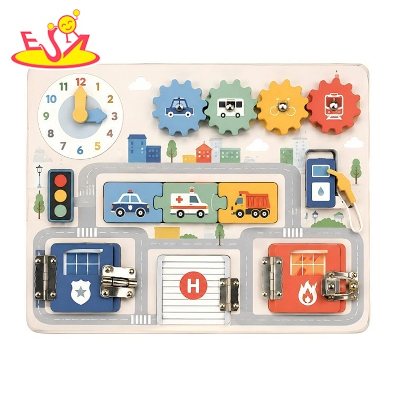 Wooden Montessori City Traffic Busy Board with Clock, Gears, Traffic Light, Puzzle Locks, and Emergency Doors for Kids W12D992